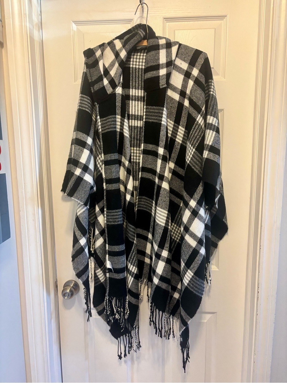 Treasure & Bond Black and White Plaid Hooded Poncho